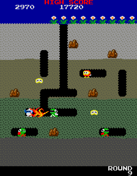 Dig Dug Arcade Screenshot: Caught by the Fygar!
