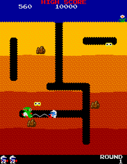 Dig Dug Arcade Screenshot: Pumping a Fygar full of air until it explodes...