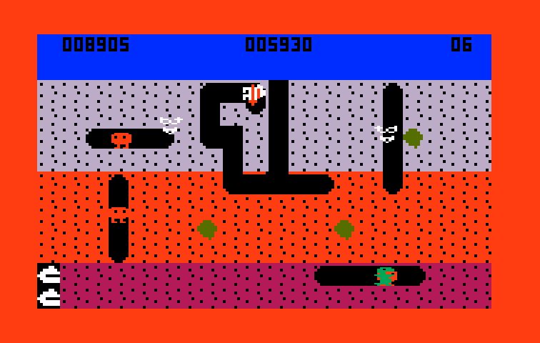 Dig Dug Intellivision Screenshot: Opponents change to ghosts to move through dirt quicker on later levels...