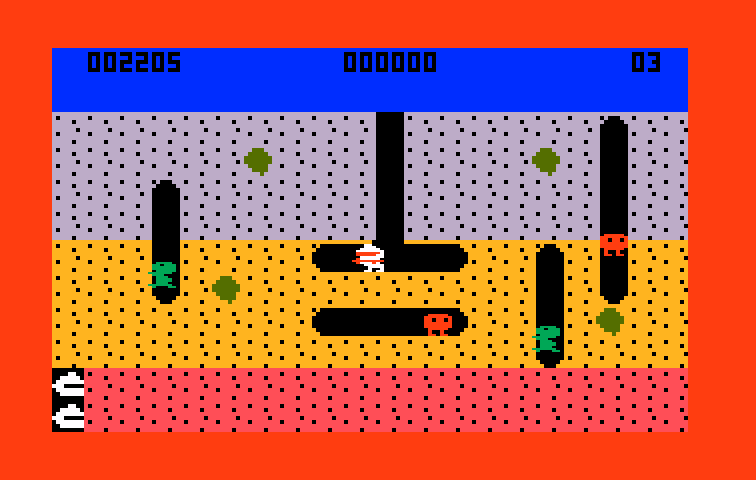 Dig Dug Intellivision Screenshot: The dirt layers change colors as the game progresses.