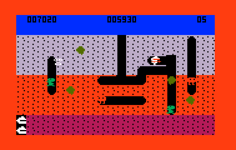 Dig Dug Intellivision Screenshot: Clear dirt underneath the rocks in order to drop them on opponents.