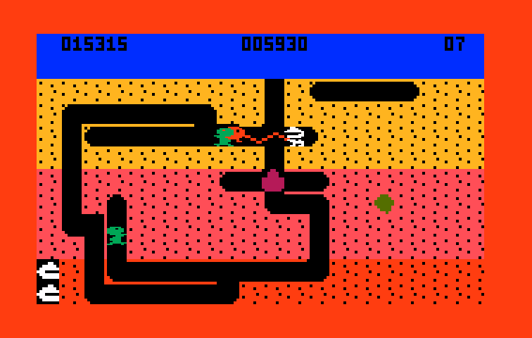 Dig Dug Intellivision Screenshot: More than one creature attacks at once!