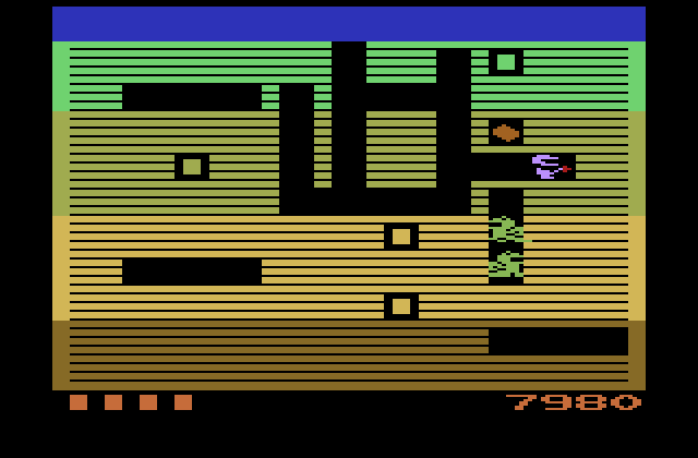 Dig Dug Atari 2600 Screenshot: When you dig underneath the rocks they fall, and may even squish your opponents!
