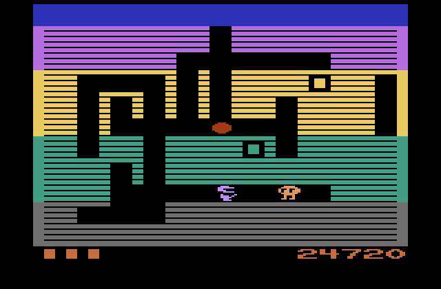 Dig Dug Atari 2600 Screenshot: Eat the fruit in the middle of the screen for bonus points!