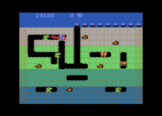 Dig Dug Atari 8-bit Screenshot: The Fygar got me!
