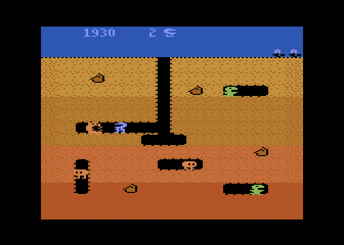 Dig Dug Atari 8-bit Screenshot: One opponent defeated, more to go...