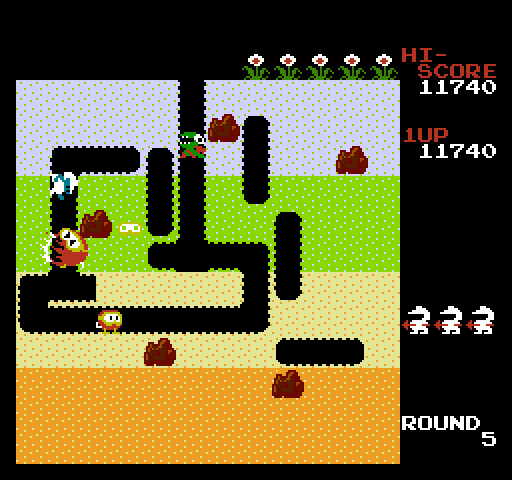 Dig Dug NES / Famicom Screenshot: One enemy down, several more to go.