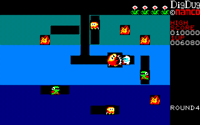 Dig Dug PC-8800 Series Screenshot: One opponent down, more to go!