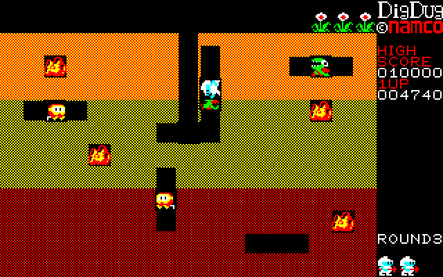 Dig Dug PC-8800 Series Screenshot: Attacking a Fygar...