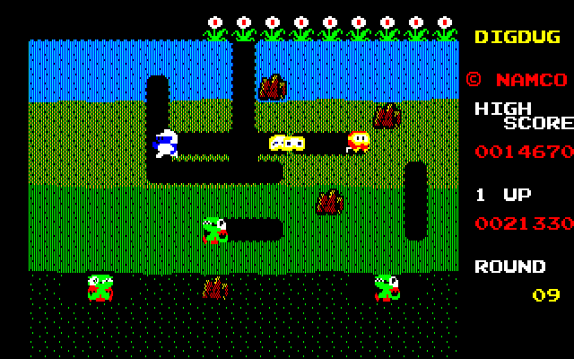 Dig Dug PC-8800 Series Screenshot: Beware of when opponents turn to ghosts, they can move through dirt!