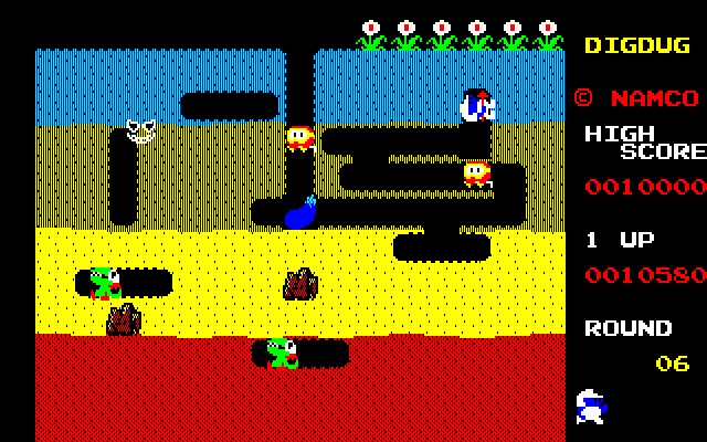 Dig Dug PC-8800 Series Screenshot: Grab the vegetable in the middle of the screen for bonus points!