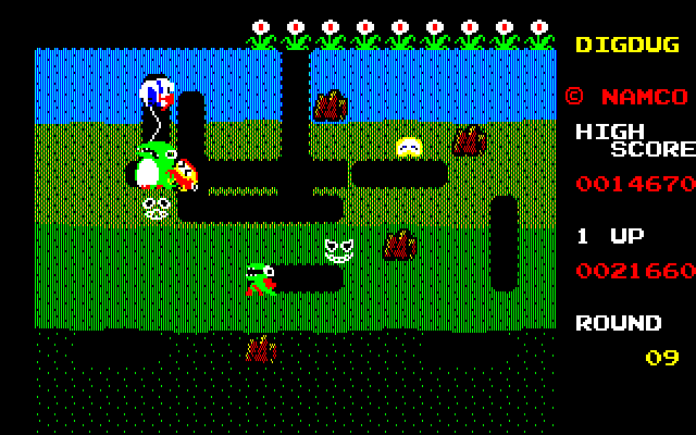Dig Dug PC-8800 Series Screenshot: Attacking a Fygar...