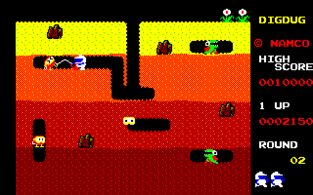 Dig Dug PC-8800 Series Screenshot: Attacking a Pooka...