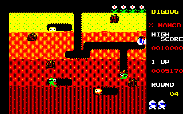Dig Dug PC-8800 Series Screenshot: Crush opponents with rocks, if you can...