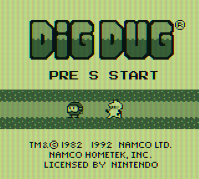Dig Dug Game Boy Screenshot: Title screen; the letters in "Press Start" flash on and off individually.