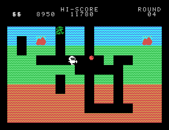 Dig Dug Sord M5 Screenshot: Pick up the fruit for bonus points.