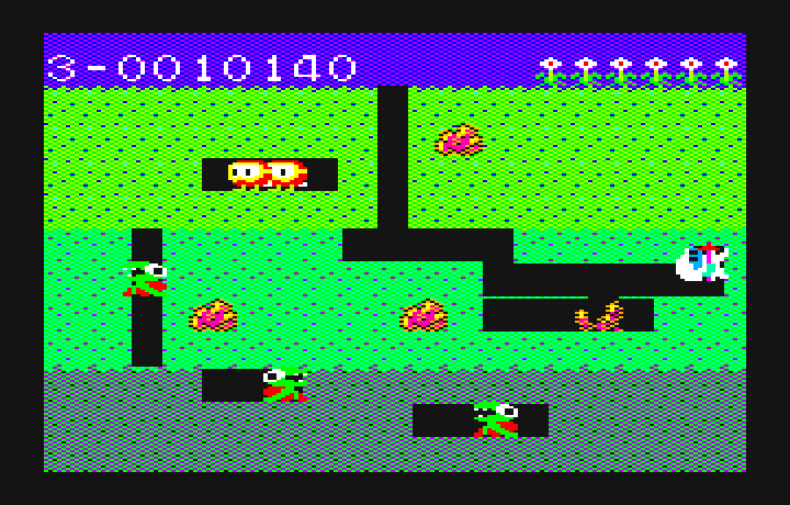 Dig Dug PC-6000 Series Screenshot: Dropping a rock on an opponent.