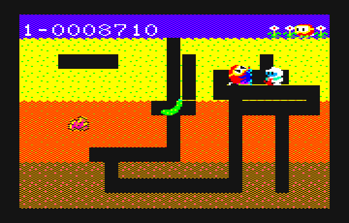 Dig Dug PC-6000 Series Screenshot: Collect the vegetable for bonus points.