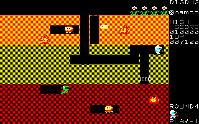 Dig Dug Sharp X1 Screenshot: Earn 1000 points for dropping a rock on an opponent.
