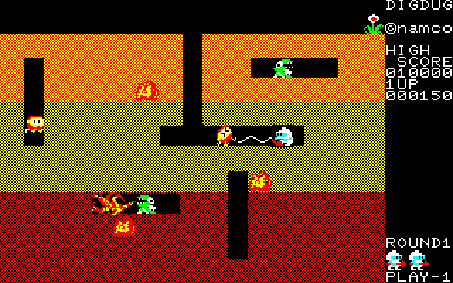 Dig Dug Sharp X1 Screenshot: Attacking an opponent.