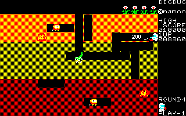 Dig Dug Sharp X1 Screenshot: Collect items that appear at the center of the screen for bonus points...if you can!