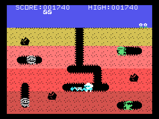 Dig Dug TI-99/4A Screenshot: Enemy destroyed.