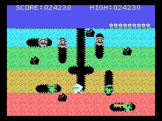 Dig Dug TI-99/4A Screenshot: Watch out for the fire breathing Fygars!