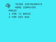 Dig Dug for TI-99/4A - Main TI-99/4A menu.