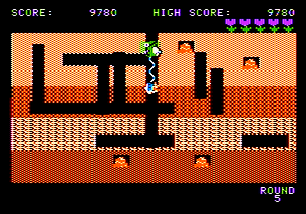 Dig Dug Apple II Screenshot: This Fygar is the last opponent on this level before continuing on...