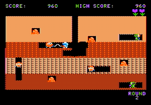 Dig Dug Apple II Screenshot: Attacking an opponent.