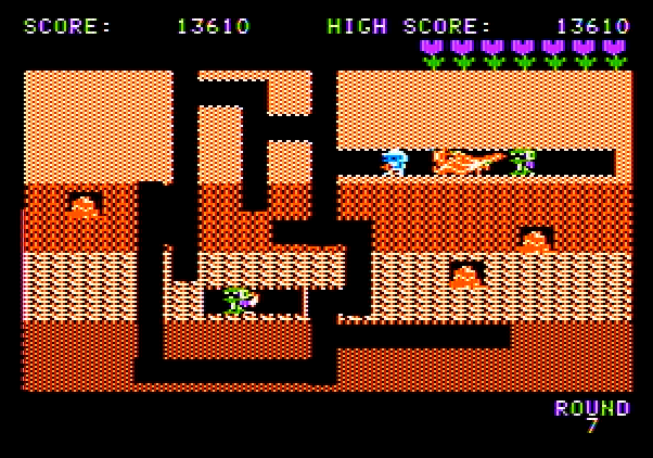 Dig Dug Apple II Screenshot: Be careful not to get hit by fire breathing Fygar's!