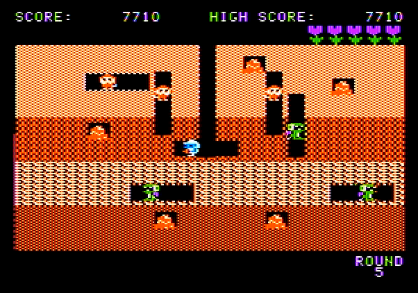 Dig Dug Apple II Screenshot: Enemies can become numerous on some later levels.