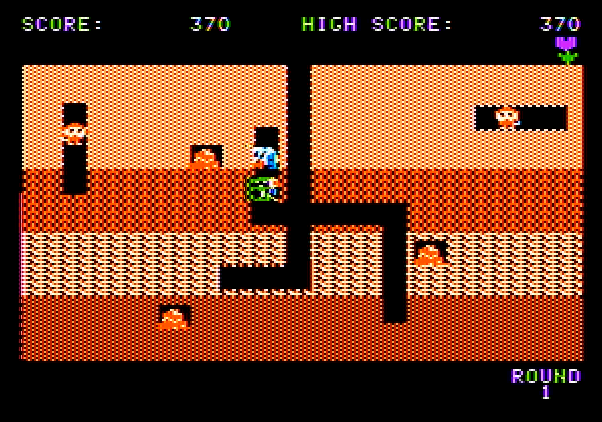 Dig Dug Apple II Screenshot: Running from enemies on the first level.