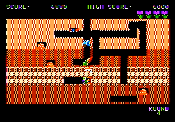 Dig Dug Apple II Screenshot: Collect items in the middle of the screen for bonus points.