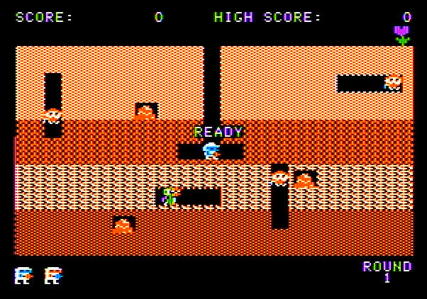 Dig Dug Apple II Screenshot: Game start.