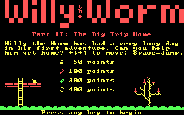 Willy the Worm Part II: The Big Trip Home IBM PC/Compatibles Screenshot: Title screen.