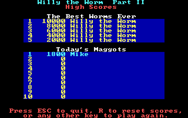 Willy the Worm Part II: The Big Trip Home IBM PC/Compatibles Screenshot: High scores.