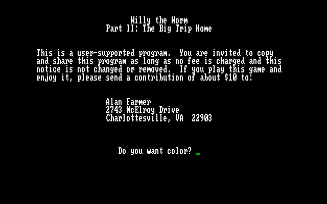 Willy the Worm Part II: The Big Trip Home IBM PC/Compatibles Screenshot: Game introduction.