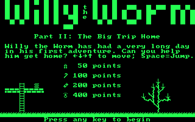 Willy the Worm Part II: The Big Trip Home IBM PC/Compatibles Screenshot: Title screen.
