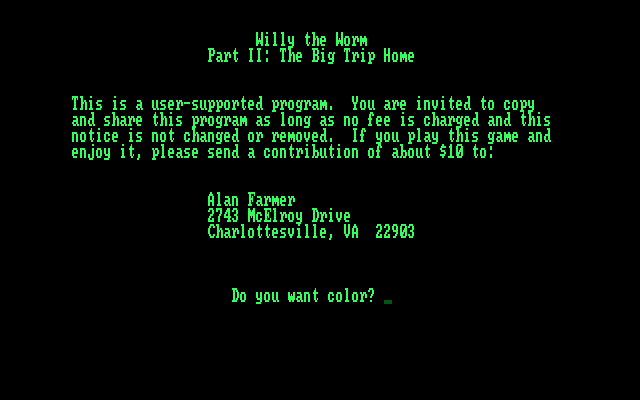 Willy the Worm Part II: The Big Trip Home IBM PC/Compatibles Screenshot: Starting screen.