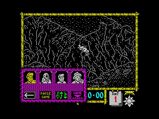 Where Time Stood Still ZX Spectrum Screenshot: My character died by falling off a cliff, time to select someone new.
