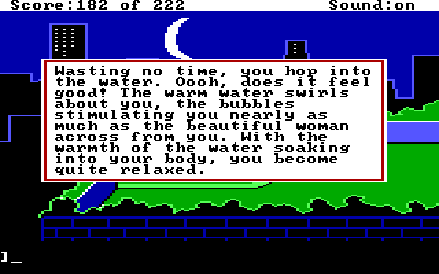 Leisure Suit Larry in the Land of the Lounge Lizards IBM PC/Compatibles Screenshot: Jumping into the hot tub...