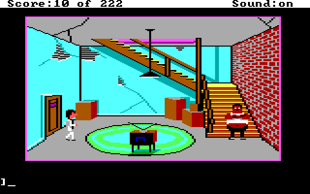 Leisure Suit Larry in the Land of the Lounge Lizards IBM PC/Compatibles Screenshot: How can I get past this guy blocking the stairs?