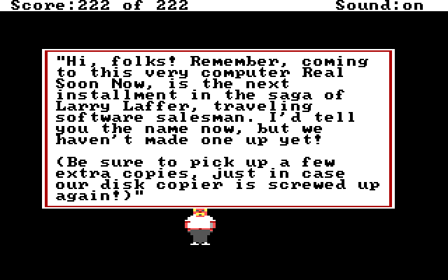 Leisure Suit Larry in the Land of the Lounge Lizards IBM PC/Compatibles Screenshot: Success! Ken Williams, President and CEO of Sierra, congratulates you...