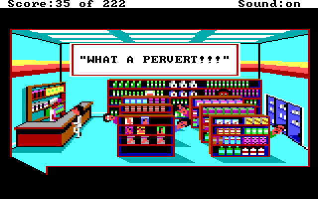 Leisure Suit Larry in the Land of the Lounge Lizards IBM PC/Compatibles Screenshot: The store clerk can be a jerk...