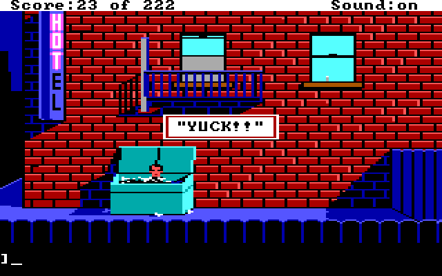 Leisure Suit Larry in the Land of the Lounge Lizards IBM PC/Compatibles Screenshot: Yuck! I fell into the dumpster...