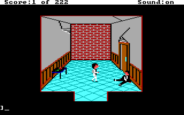 Leisure Suit Larry in the Land of the Lounge Lizards IBM PC/Compatibles Screenshot: Back of the bar; there's a drunk here, can he help you?