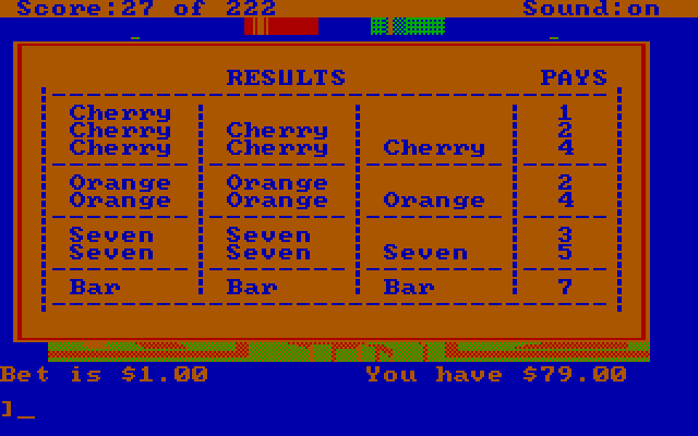 Leisure Suit Larry in the Land of the Lounge Lizards IBM PC/Compatibles Screenshot: Care to gamble? Here's the slot machine rules...
