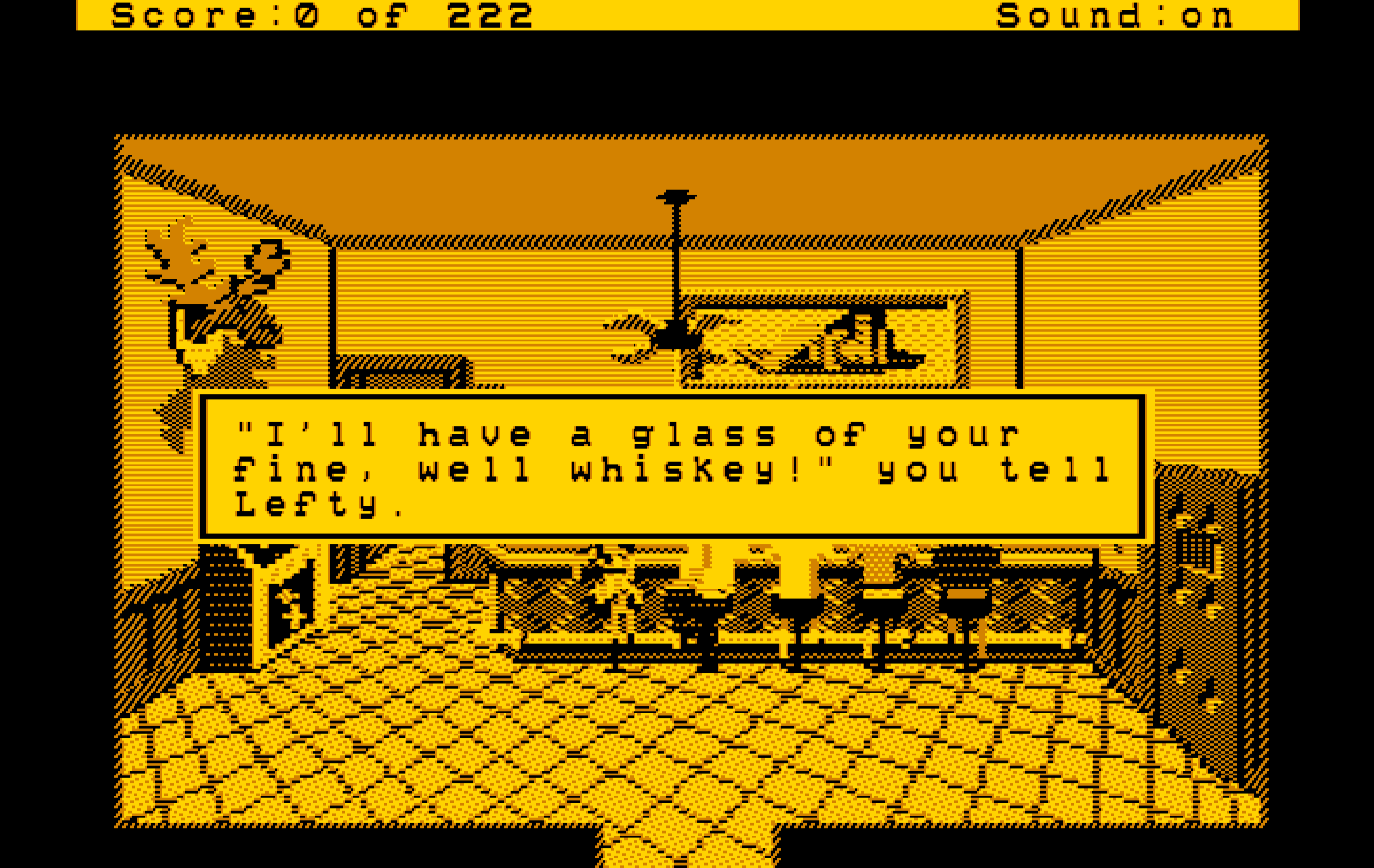 Leisure Suit Larry in the Land of the Lounge Lizards IBM PC/Compatibles Screenshot: Time for a glass of fine whiskey!