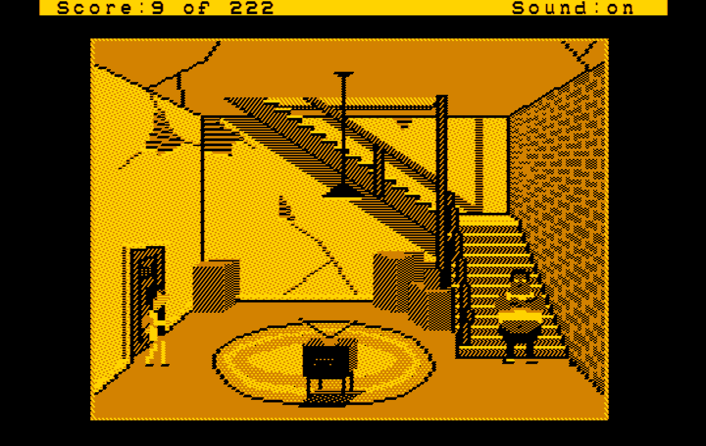 Leisure Suit Larry in the Land of the Lounge Lizards IBM PC/Compatibles Screenshot: Hmm, how can I get past this guy blocking the stairs?